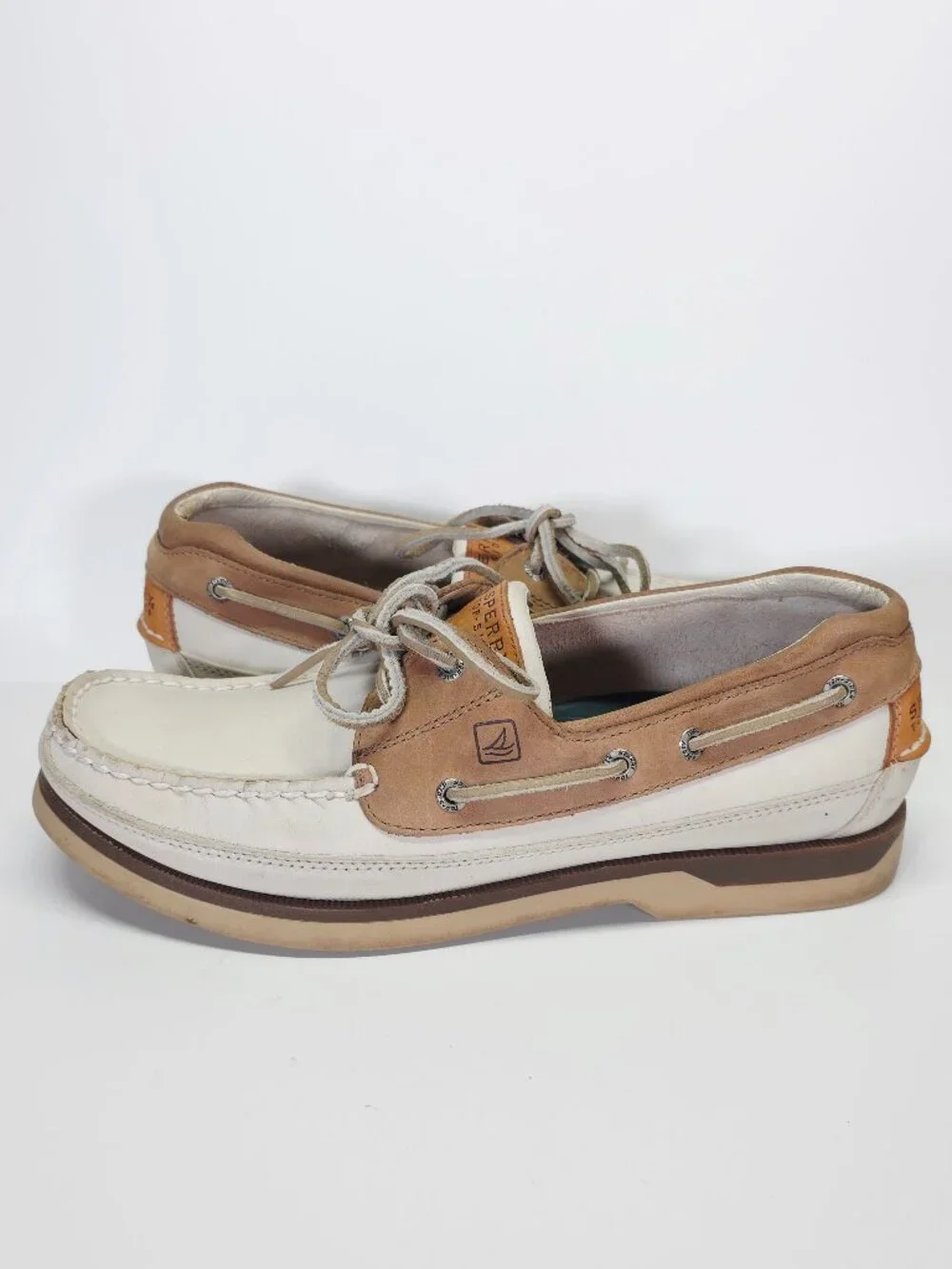Sperry Top-Sider Mako Collection Boat Shoes Men's 10 Leather White Tan